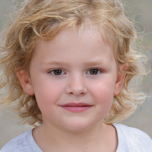 Joyful white child female with medium  brown hair and blue eyes