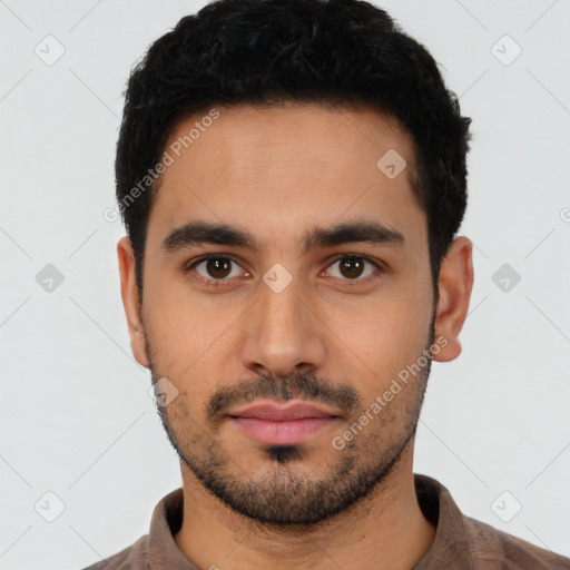 Neutral latino young-adult male with short  black hair and brown eyes