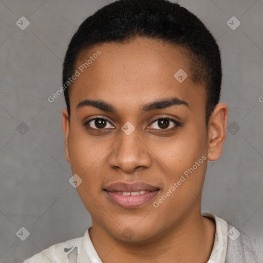 Joyful latino young-adult female with short  black hair and brown eyes