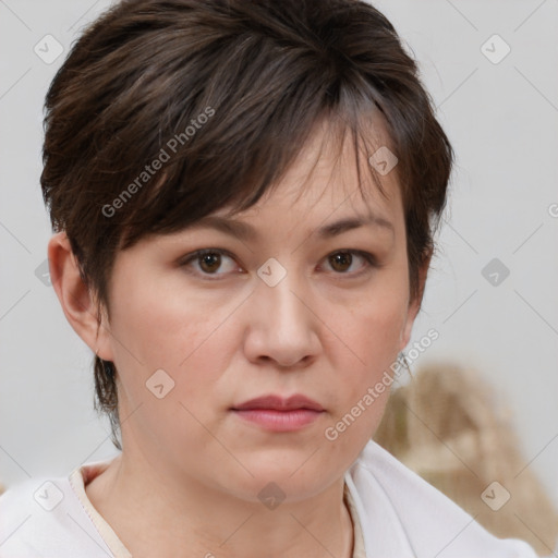 Neutral white young-adult female with medium  brown hair and brown eyes