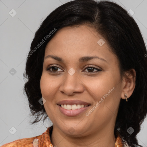 Joyful latino young-adult female with medium  brown hair and brown eyes