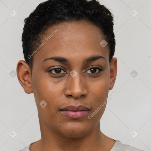 Neutral black young-adult female with short  brown hair and brown eyes