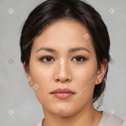 Neutral asian young-adult female with medium  brown hair and brown eyes