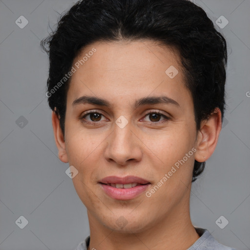 Joyful white young-adult female with short  brown hair and brown eyes