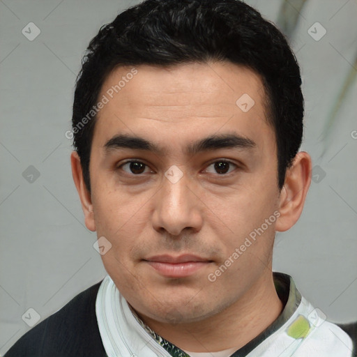 Neutral white young-adult male with short  black hair and brown eyes