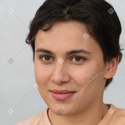 Joyful white young-adult female with medium  brown hair and brown eyes