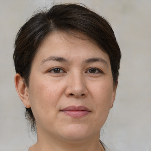 Joyful white adult female with medium  brown hair and brown eyes