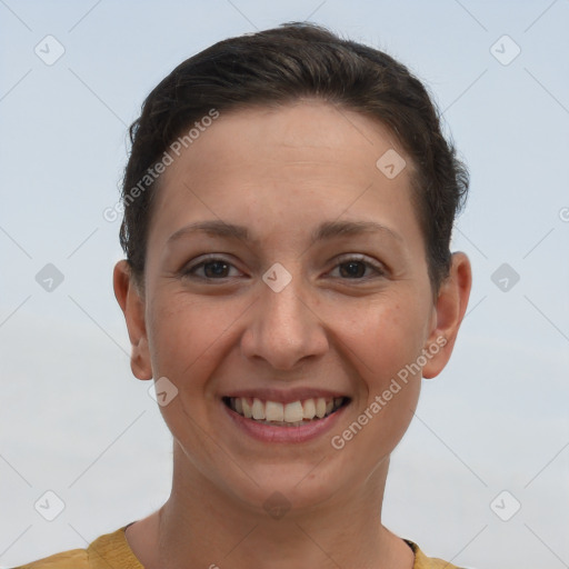 Joyful white young-adult female with short  brown hair and brown eyes