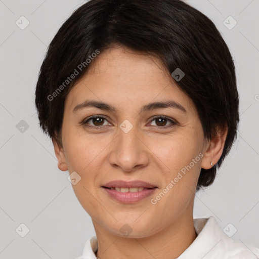 Joyful white young-adult female with short  brown hair and brown eyes