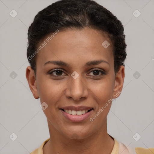 Joyful latino young-adult female with short  brown hair and brown eyes