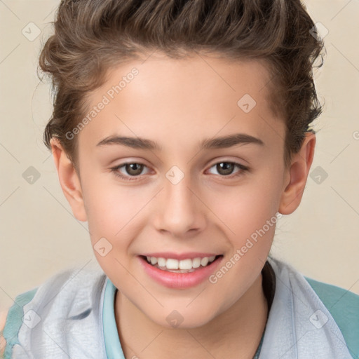 Joyful white child female with short  brown hair and brown eyes