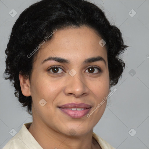 Joyful latino young-adult female with short  brown hair and brown eyes