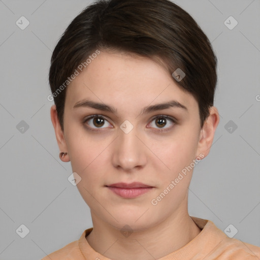 Neutral white young-adult female with short  brown hair and brown eyes