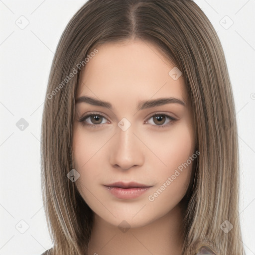 Neutral white young-adult female with long  brown hair and brown eyes