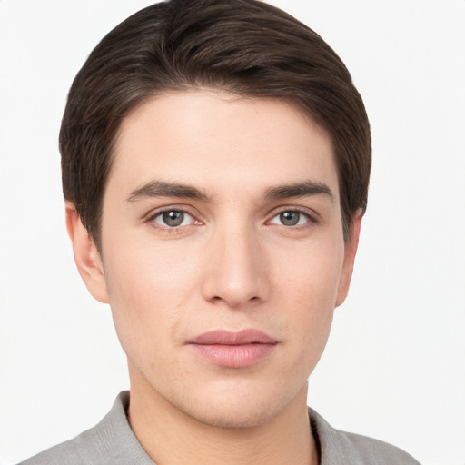 Neutral white young-adult male with short  brown hair and brown eyes