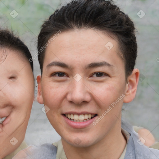 Joyful white young-adult female with short  brown hair and brown eyes