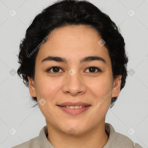 Joyful latino young-adult female with short  brown hair and brown eyes