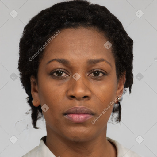 Neutral black young-adult female with short  brown hair and brown eyes