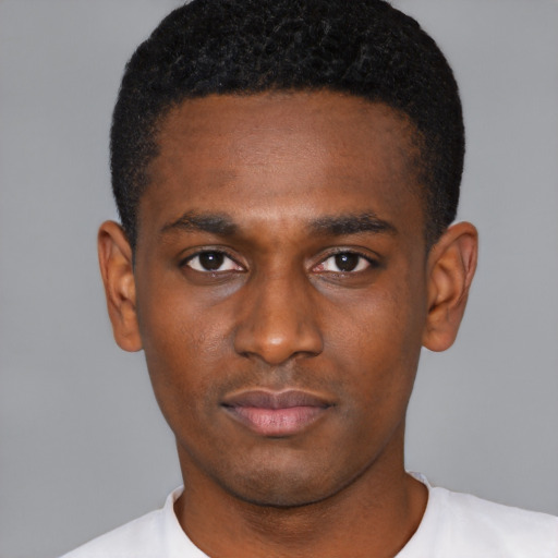 Neutral black young-adult male with short  black hair and brown eyes