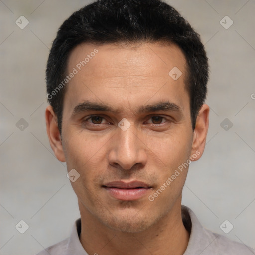 Joyful white young-adult male with short  black hair and brown eyes