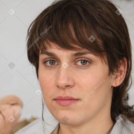 Neutral white young-adult female with medium  brown hair and brown eyes