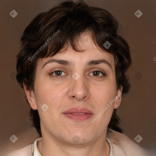 Joyful white adult female with short  brown hair and brown eyes