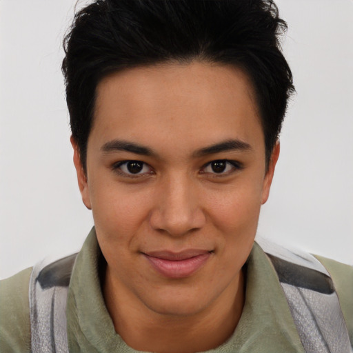 Joyful asian young-adult female with short  brown hair and brown eyes