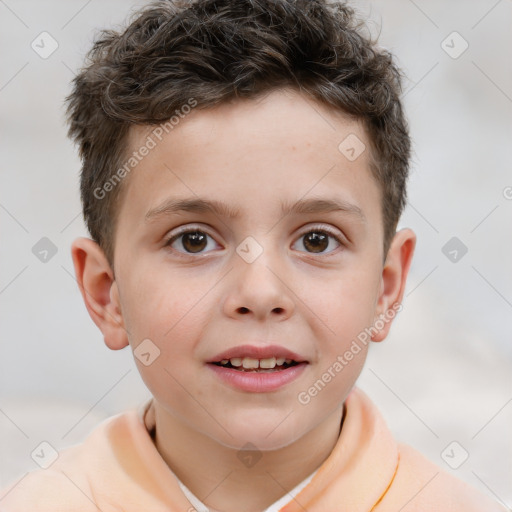 Joyful white child male with short  brown hair and brown eyes