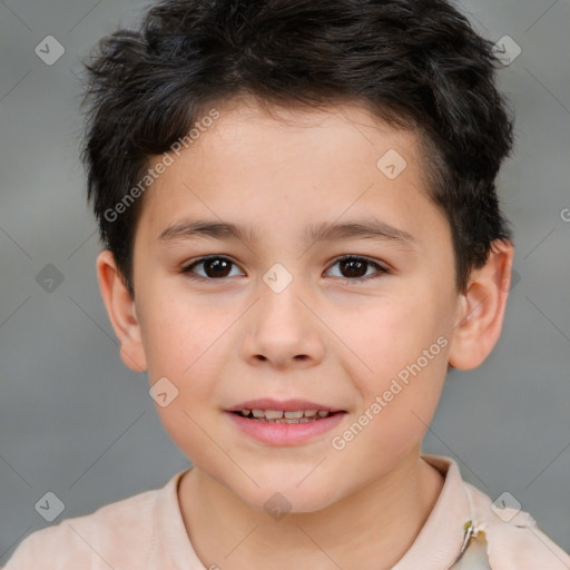 Joyful white child male with short  brown hair and brown eyes