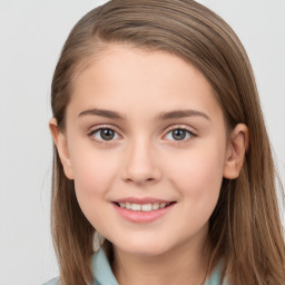 Joyful white child female with long  brown hair and brown eyes