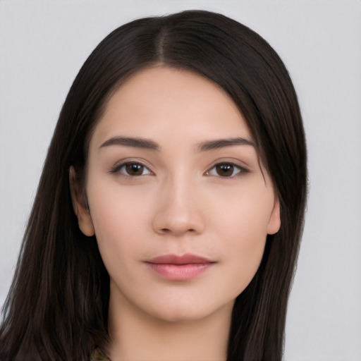 Neutral white young-adult female with long  black hair and brown eyes