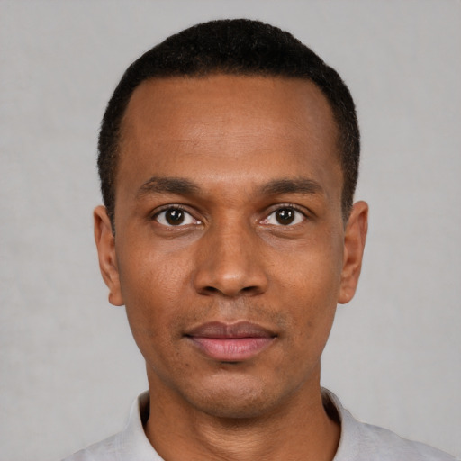 Neutral black young-adult male with short  black hair and brown eyes