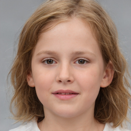 Joyful white child female with medium  brown hair and grey eyes