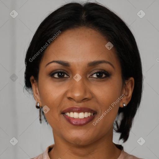 Joyful black young-adult female with medium  brown hair and brown eyes