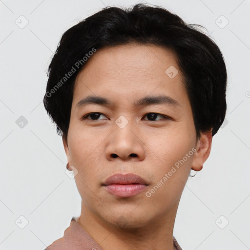 Neutral asian young-adult male with short  black hair and brown eyes