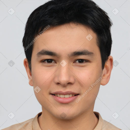 Joyful asian young-adult male with short  brown hair and brown eyes