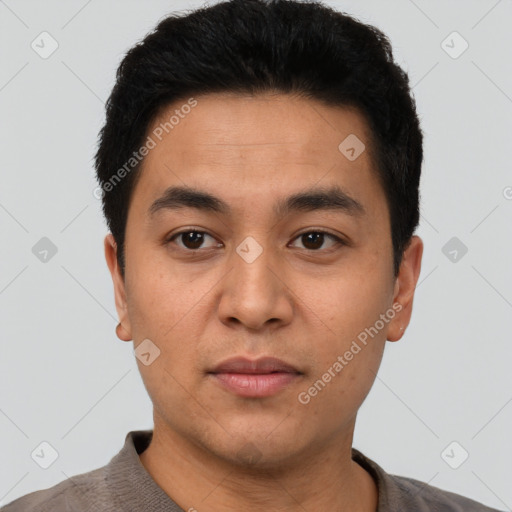 Neutral latino young-adult male with short  black hair and brown eyes