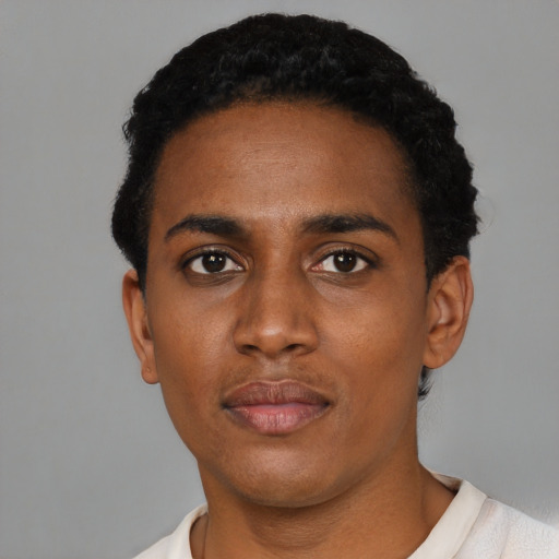 Neutral black young-adult male with short  black hair and brown eyes