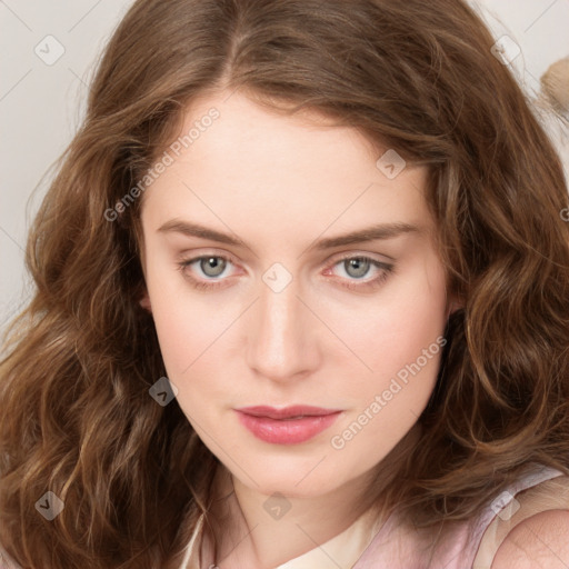 Joyful white young-adult female with long  brown hair and blue eyes