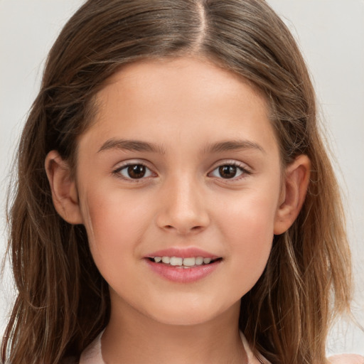 Joyful white child female with long  brown hair and brown eyes