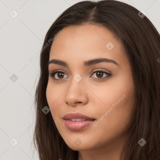 Neutral white young-adult female with long  brown hair and brown eyes