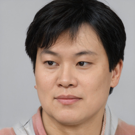 Joyful asian adult male with medium  brown hair and brown eyes