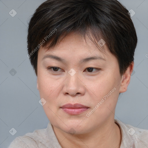 Joyful asian young-adult female with short  brown hair and brown eyes