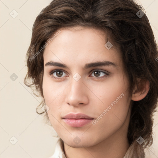 Neutral white young-adult female with medium  brown hair and brown eyes