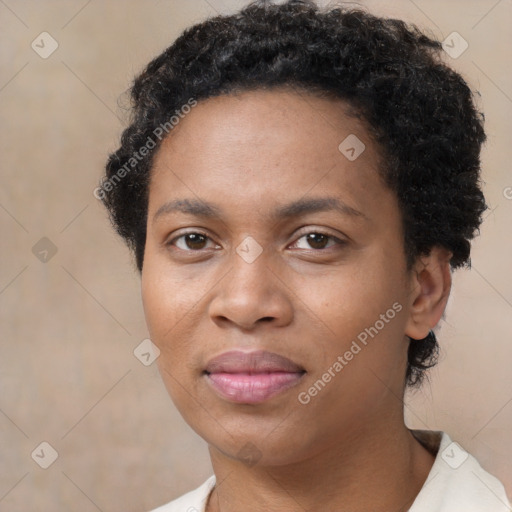 Neutral black young-adult female with short  black hair and brown eyes