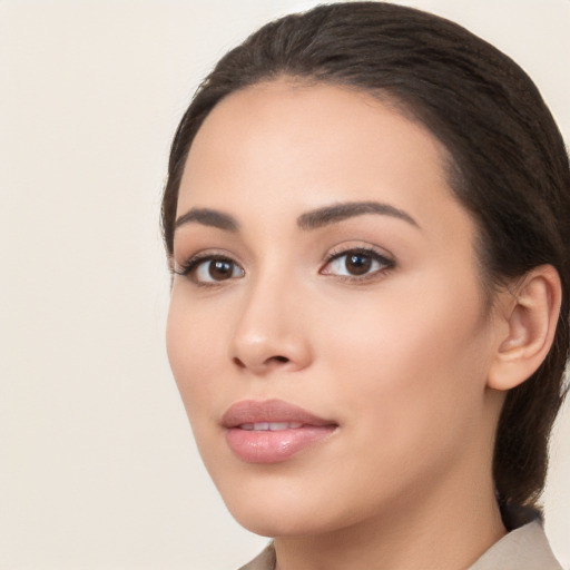 Neutral white young-adult female with long  black hair and brown eyes