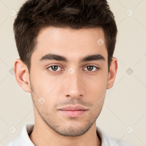 Neutral white young-adult male with short  brown hair and brown eyes