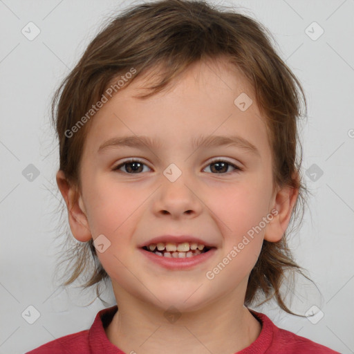 Joyful white child female with medium  brown hair and brown eyes