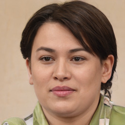 Joyful white adult female with medium  brown hair and brown eyes