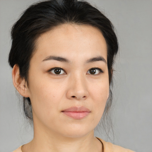 Neutral asian young-adult female with medium  brown hair and brown eyes